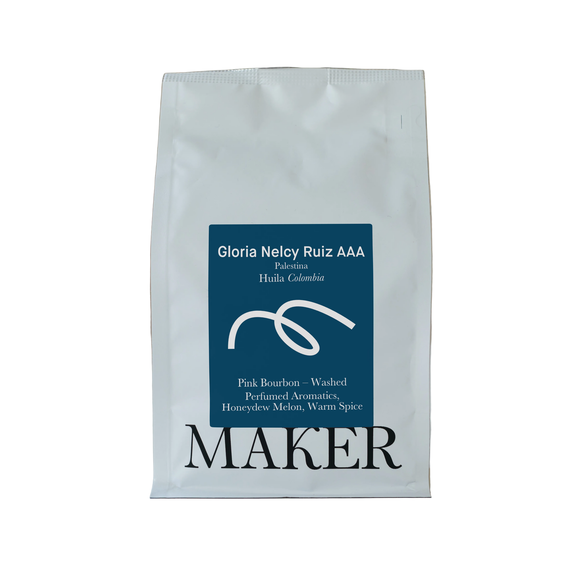 A pack of Gloria Neloy Ruiz AAA washed coffee from Colombia, branded with the Maker logo.