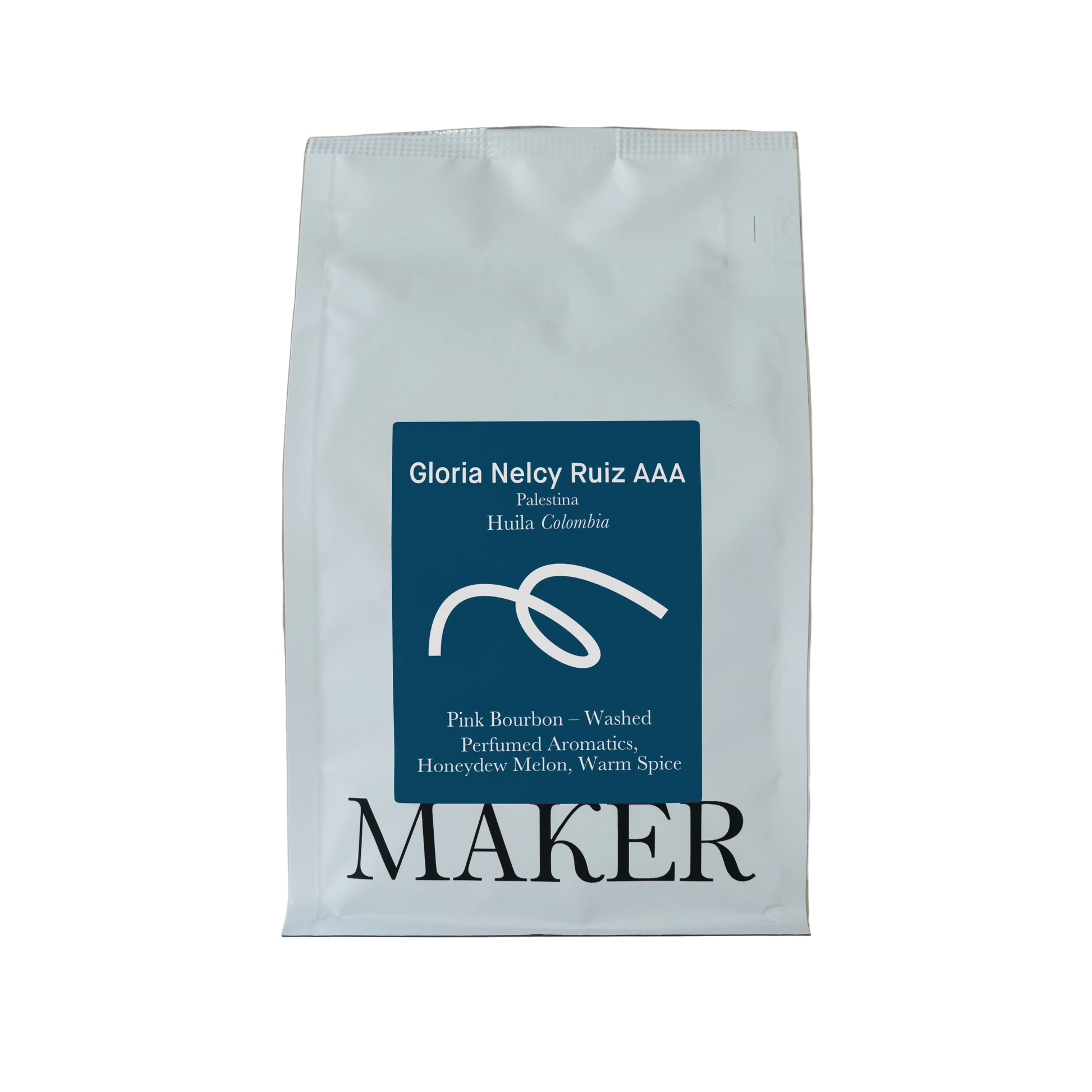 A pack of Gloria Neloy Ruiz AAA washed coffee from Colombia, branded with the Maker logo.