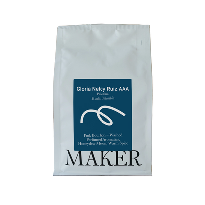 A pack of Gloria Neloy Ruiz AAA washed coffee from Colombia, branded with the Maker logo.