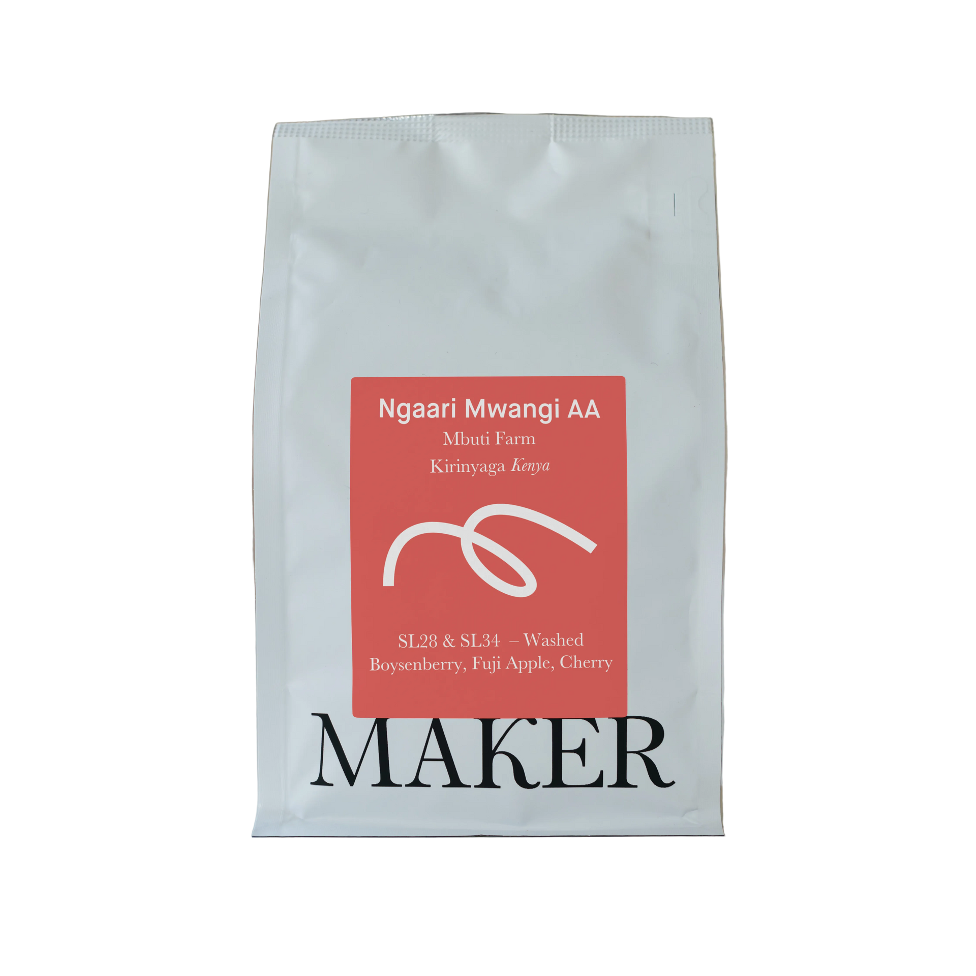 White coffee bag with red label featuring 'Ngaari Mwangi AA' on a beige background