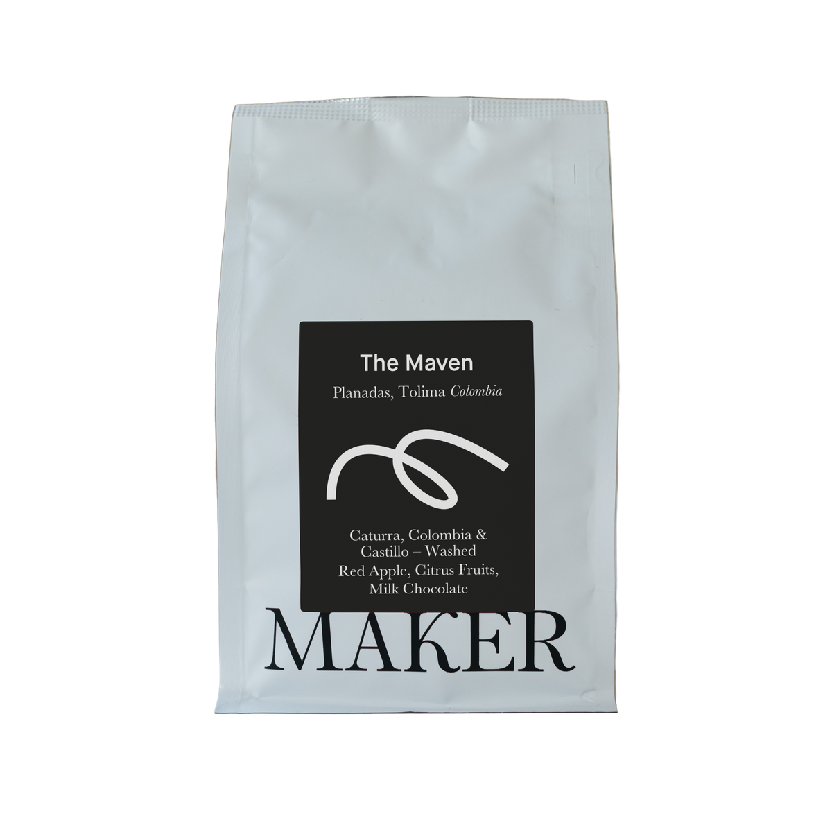 White coffee bag with black label featuring 'The Maven' and 'Maker' on a beige background