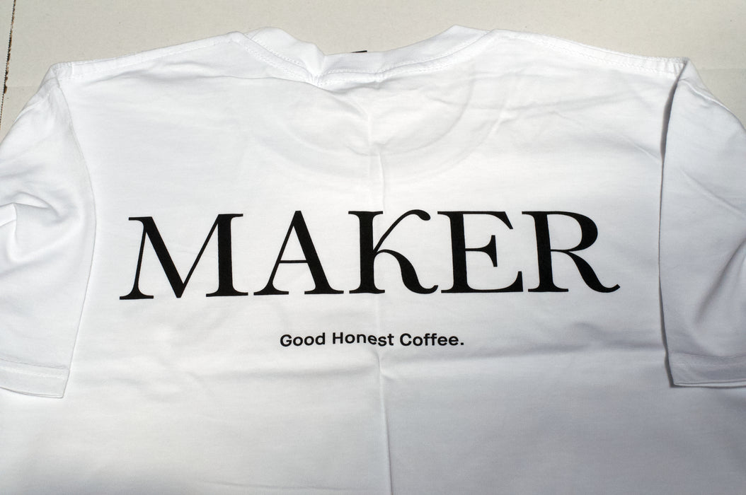 white t-shirt back maker coffee